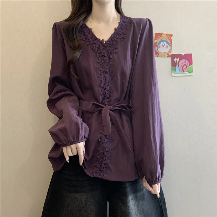 大码女装遮肚子法式气质V领长袖衬衫女春秋胖mm宽松显瘦正肩上衣