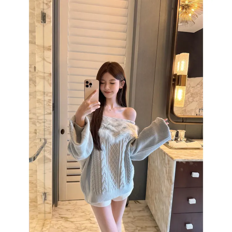 加厚一字领慵懒感韩系麻花辫毛毛领长袖套头针织衫毛衣上衣女秋冬