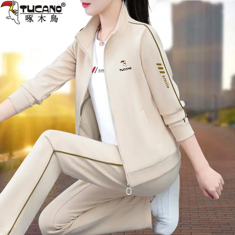 啄木鳥休闲运动套装女春秋2025新款时尚洋气妈妈跑步广场舞三件套