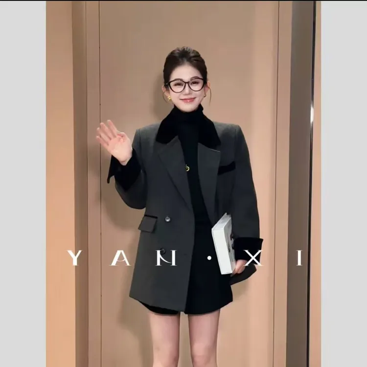 【伦敦旧梦】撞色拼接复古长袖西装气质羽绒外套黑色显瘦宽松时尚