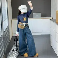 【Maila童装】女童港风复古牛仔裤时髦中大童春秋微喇阔腿裤直筒裤