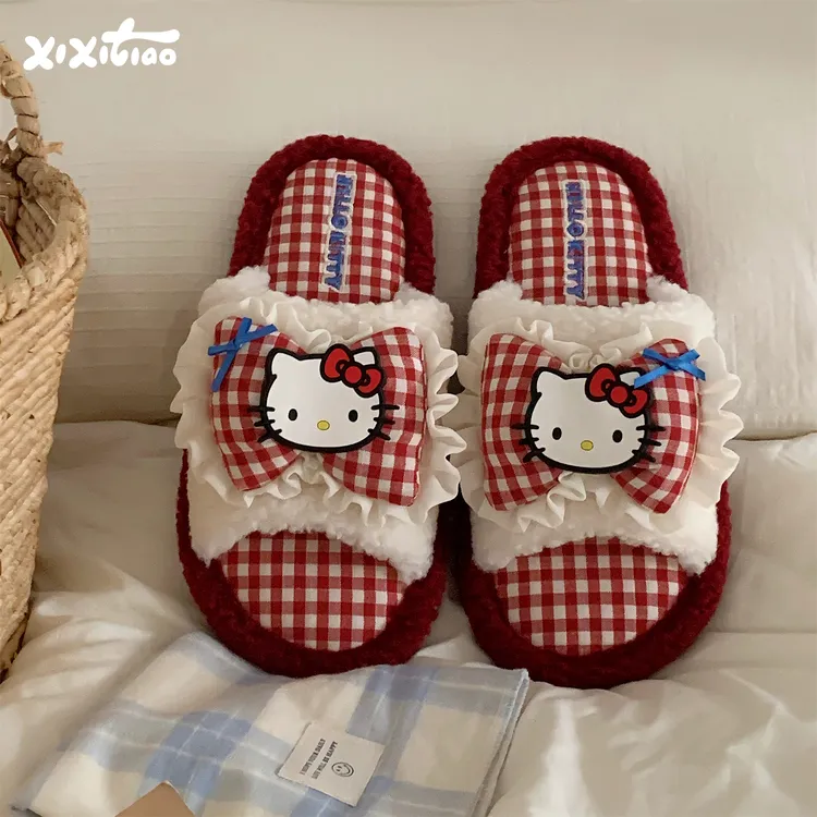 细细条 正版HelloKitty一字棉拖鞋女冬家用地板防滑可爱毛毛拖鞋