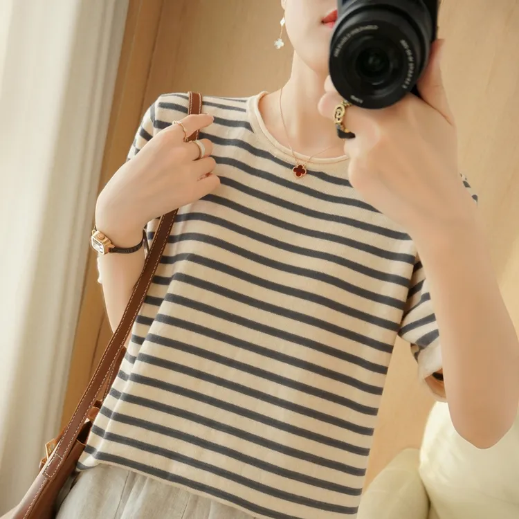 100%纯棉条纹短袖T恤女夏季薄款显瘦半袖圆领宽松大码卷边打底衫
