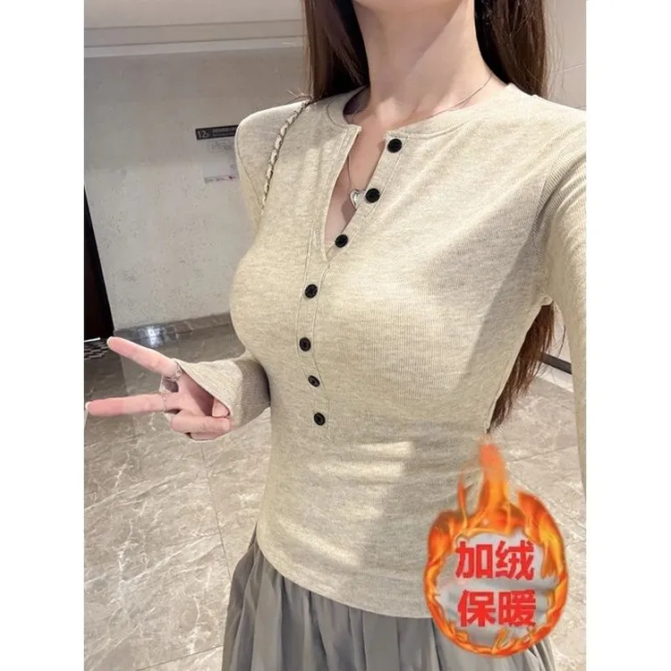 修身内搭女装辣妹半开领纯欲风长袖打底T恤修身内搭洋气保暖上衣