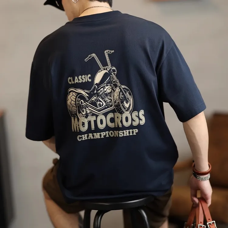 美式潮牌机车印花重磅纯棉短袖t恤男士夏季新款宽松圆领体恤上衣