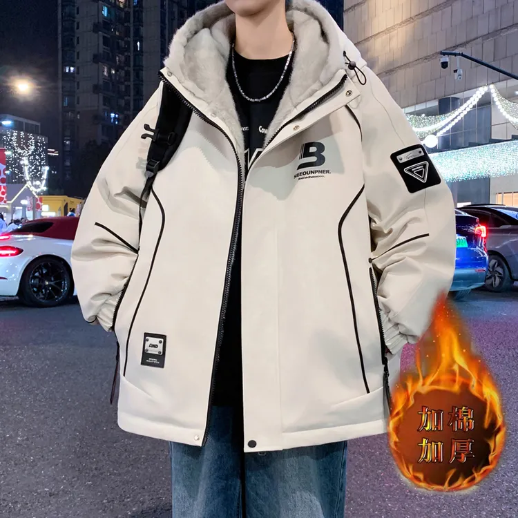 冬季青少年男士连帽加棉加厚夹克时尚休闲百搭加绒保暖防寒服外套