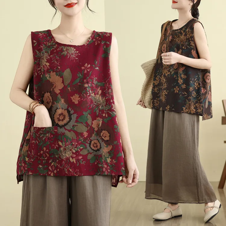 民族风背心吊带大码薄款时尚妈妈装女士外穿复古印花女装棉麻背心