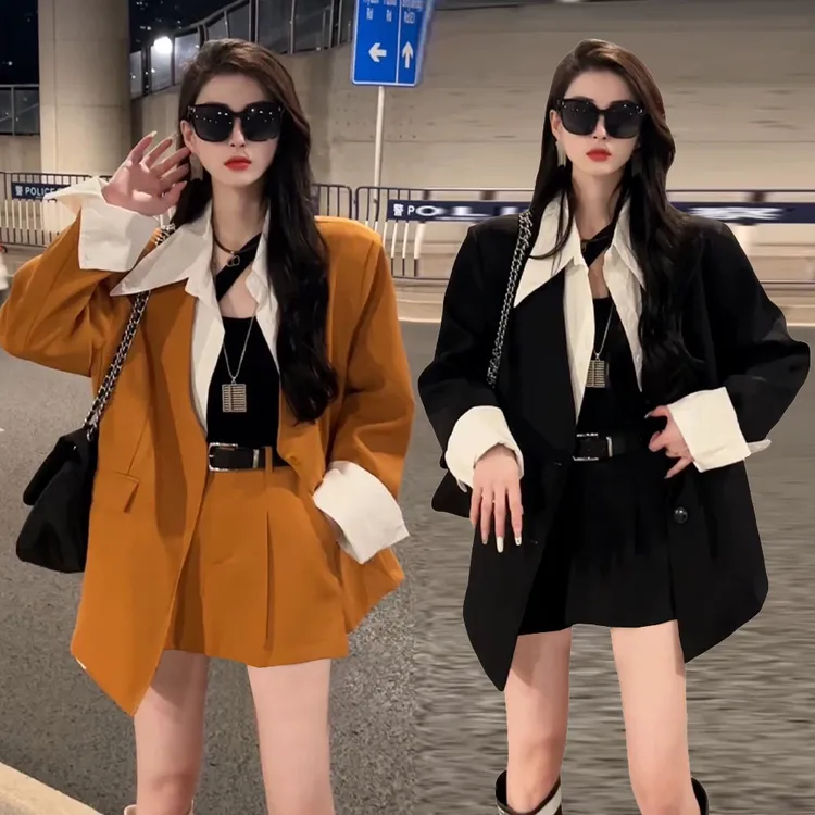 韩版女新款拼接假两件西装外套拼接裙裤风套装