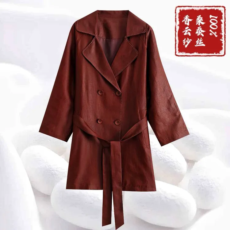 工厂直营 【100%桑蚕丝黑龟中长款风衣】明线双排扣大西装领风衣外套dz023