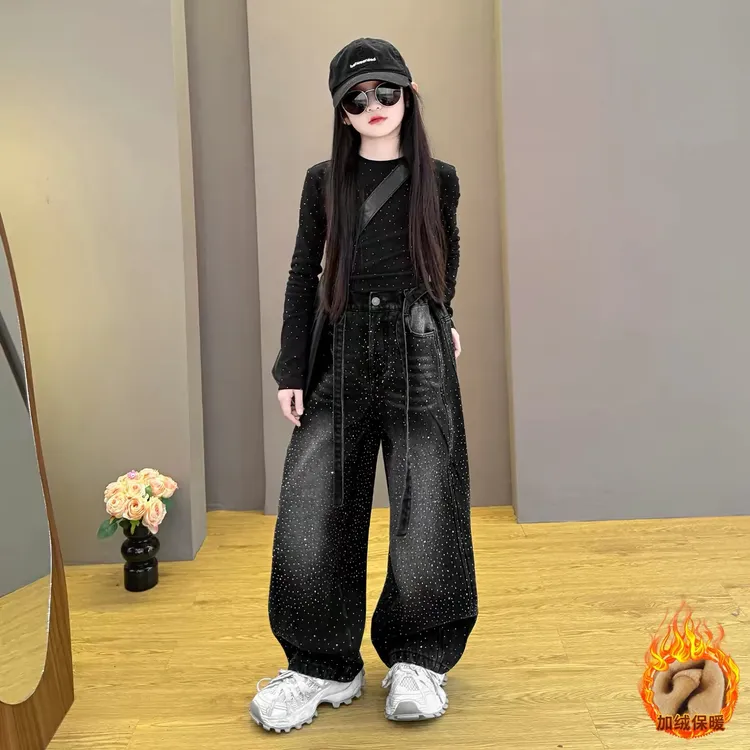 女童2026新款闪钻加绒韩版时尚百搭上衣阔腿牛仔加绒裤两件套潮酷