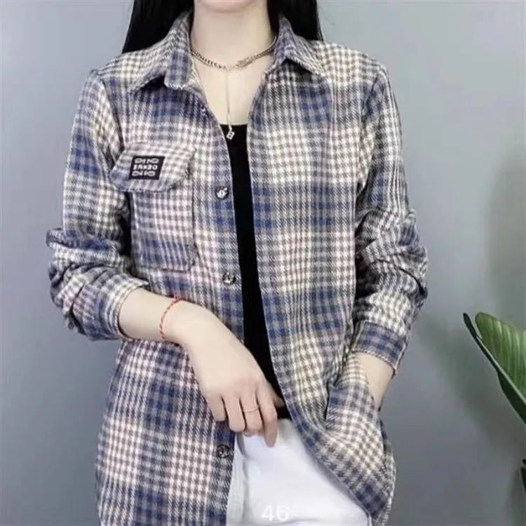 女士秋季装磨毛长袖格子衬衫中年妈妈显瘦显年轻衬衣开衫厚款外套