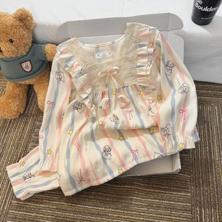 女童睡衣春秋款长袖云朵棉绸儿童2025秋季女孩儿童大童公主家居服