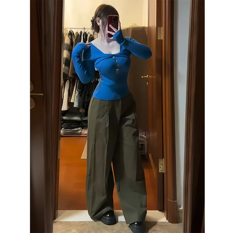 大码胖mm纯欲辣妹风镂空长袖针织衫女春季新款修身显瘦蓝色打底衫
