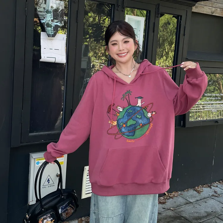 2025早秋新款女装中长款独特漂亮别致遮肚子上衣大码胖mm连帽卫衣