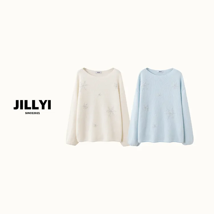 JILLYI【冰雪奇缘】蓝白两色圆领雪花图案少女气质时尚针织衫