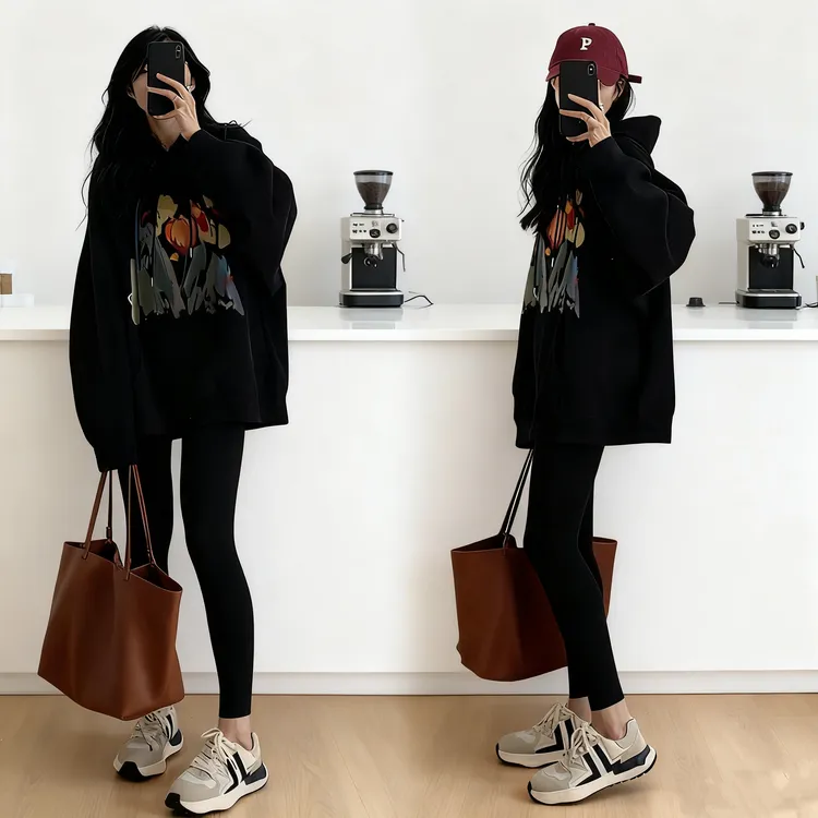 高级感早秋黑色连帽卫衣女中长款秋冬季韩版宽松百搭加绒长袖外套