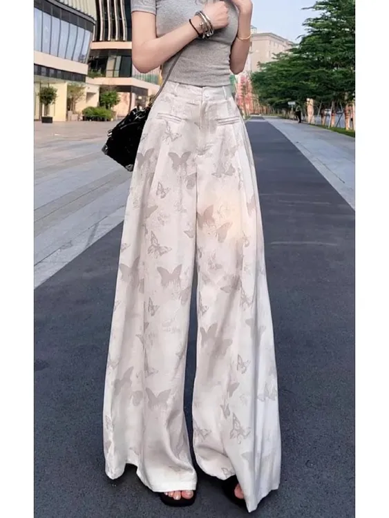 2025夏季薄款大码女装高腰印花休闲阔腿裤梨形身材显瘦宽松拖地裤