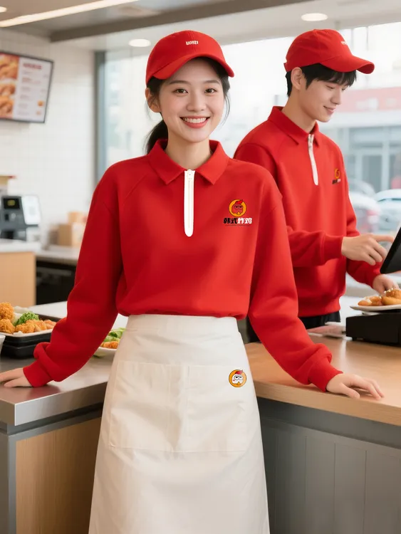 高端纯棉餐饮工作服长袖奶茶咖啡店服务员翻领卫衣定制秋冬工装女