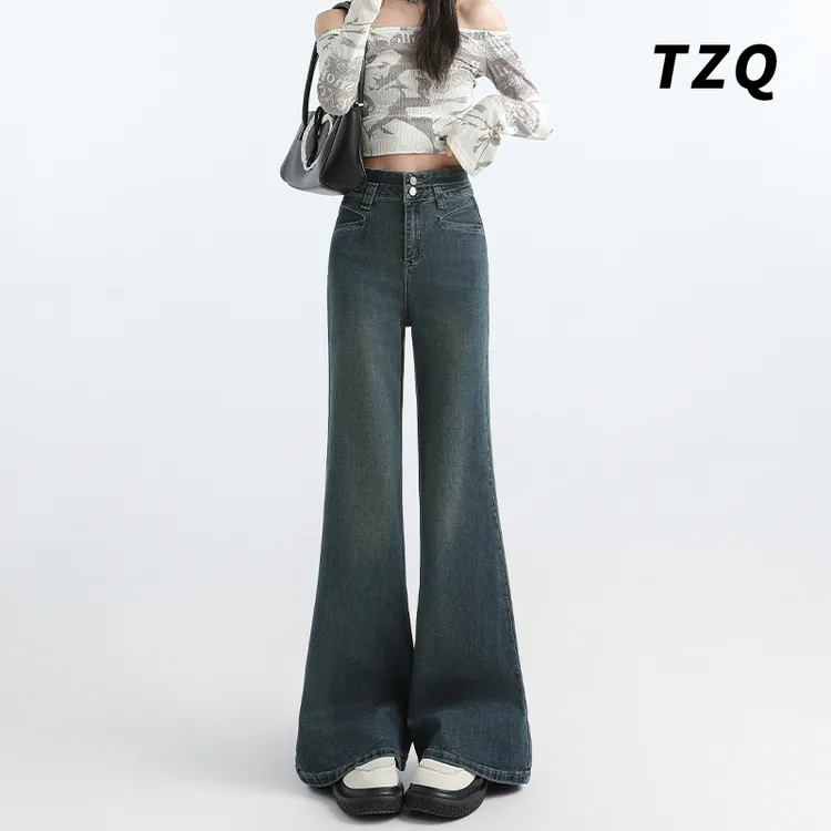 美式复古喇叭牛仔裤女2025春新款高腰设计感显瘦拖地裤TZQ2511344