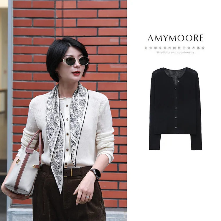 AMYMOORE艾莫尔女装2025年秋季毛衣黑色针织开衫长袖时尚780188
