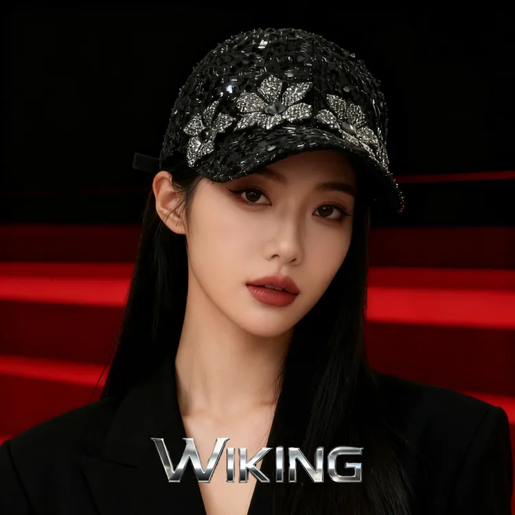 王大嘴原创 ”灰钻花朵“奢华黑色闪片立体全钻花朵棒球帽M119