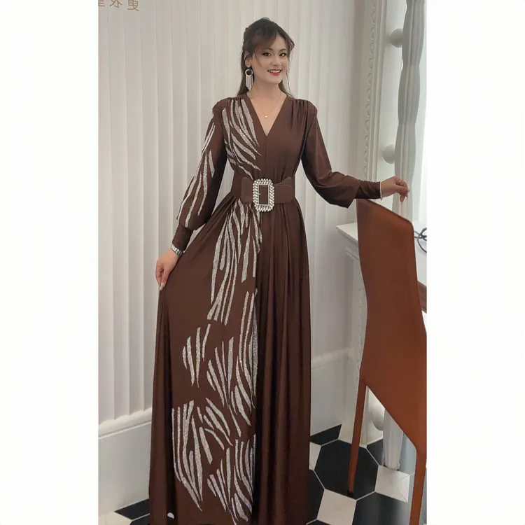 5076【包邮】新款V领烫钻气质长款拼接时尚女装连衣裙