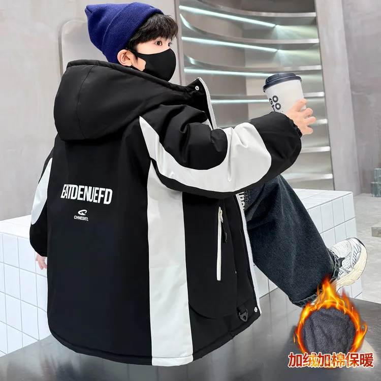 男童外套秋冬款2025新款冬季加绒加厚派克服中大儿童男孩冬装棉衣