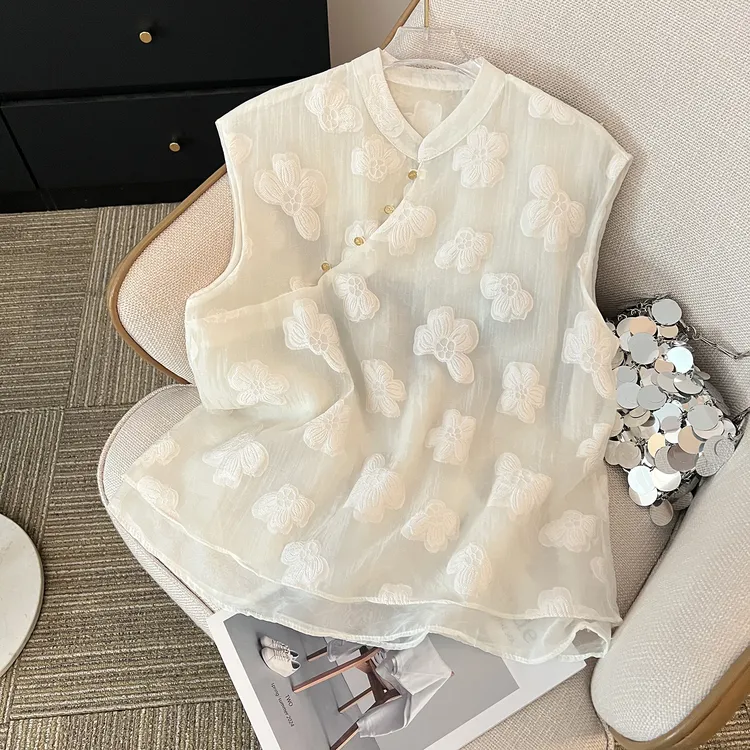 新中式高级感花朵刺绣无袖衬衫假两件宽松减龄洋气气质小衫