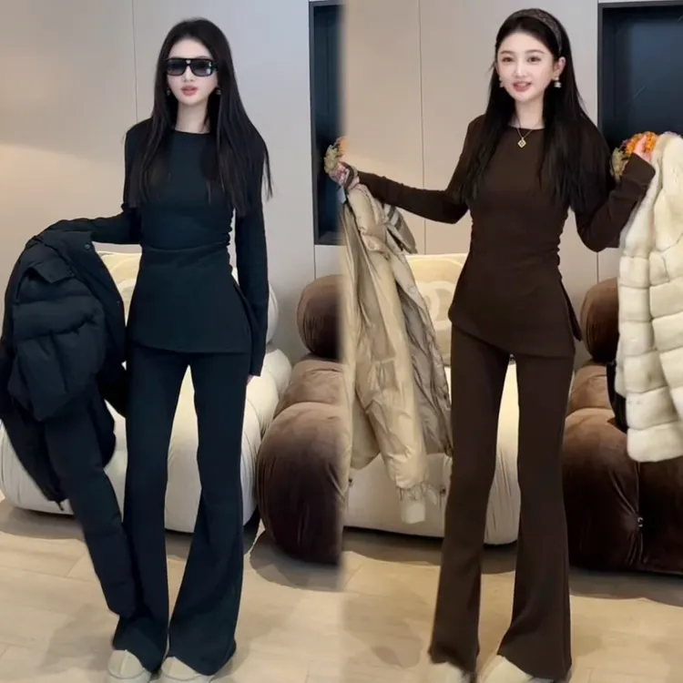 2025秋冬女士法式时尚新款百搭显瘦开叉长袖上衣高腰阔腿裤套装女