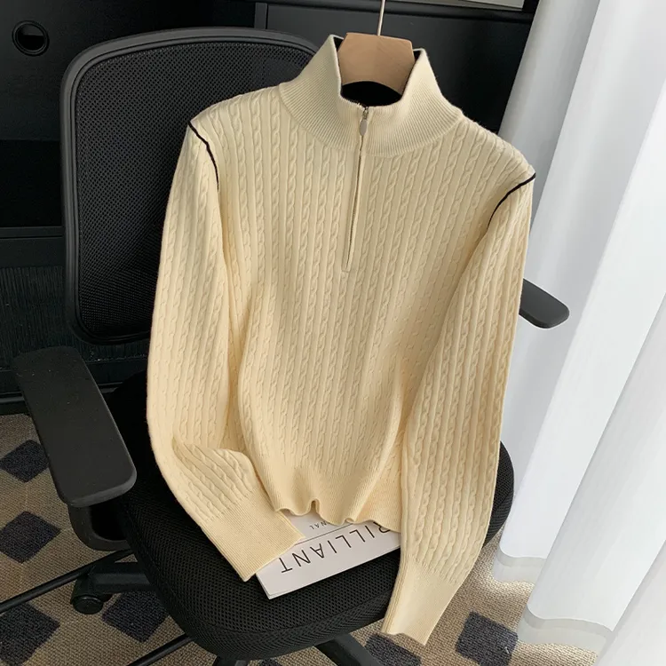 韩系时尚百搭拉链麻花翻领半拉链长袖针织衫高级软糯秋冬洋气上衣