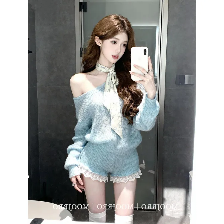 纯欲毛衣两件套装女秋冬一字领露肩长袖针织衫上衣花边直筒短裤子