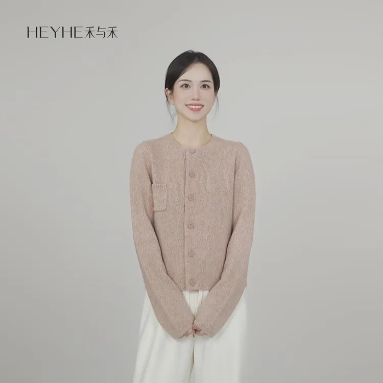 小禾【十里桃花】100康赛尼山羊绒花式纱口袋经典圆领针织毛衣外套