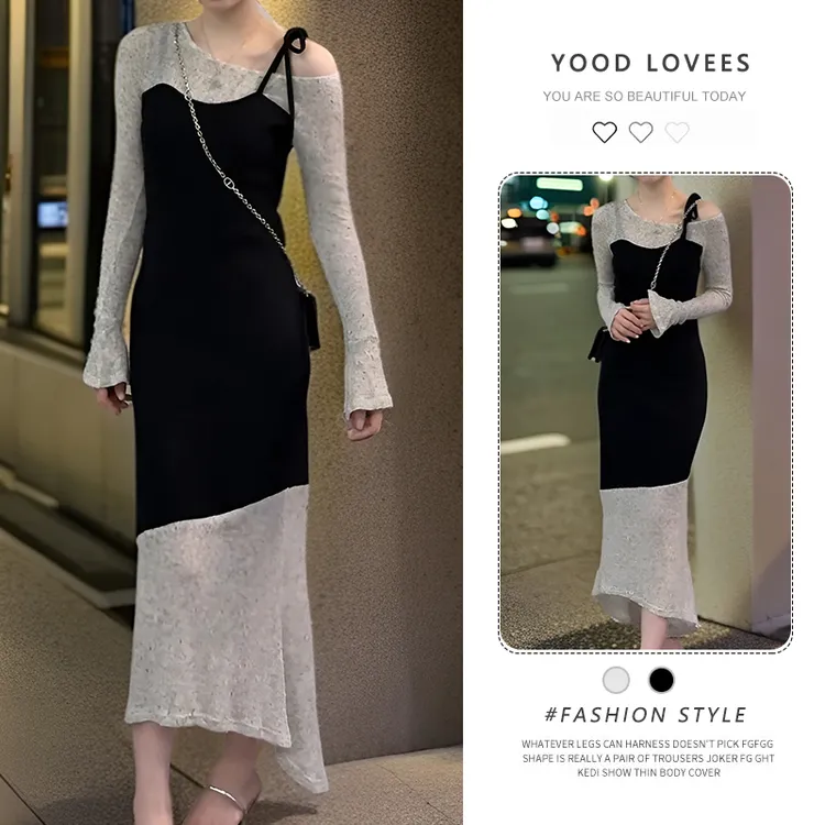 2025春秋新款收腰显瘦气质设计感假两件拼接不规则斜肩吊带连衣裙