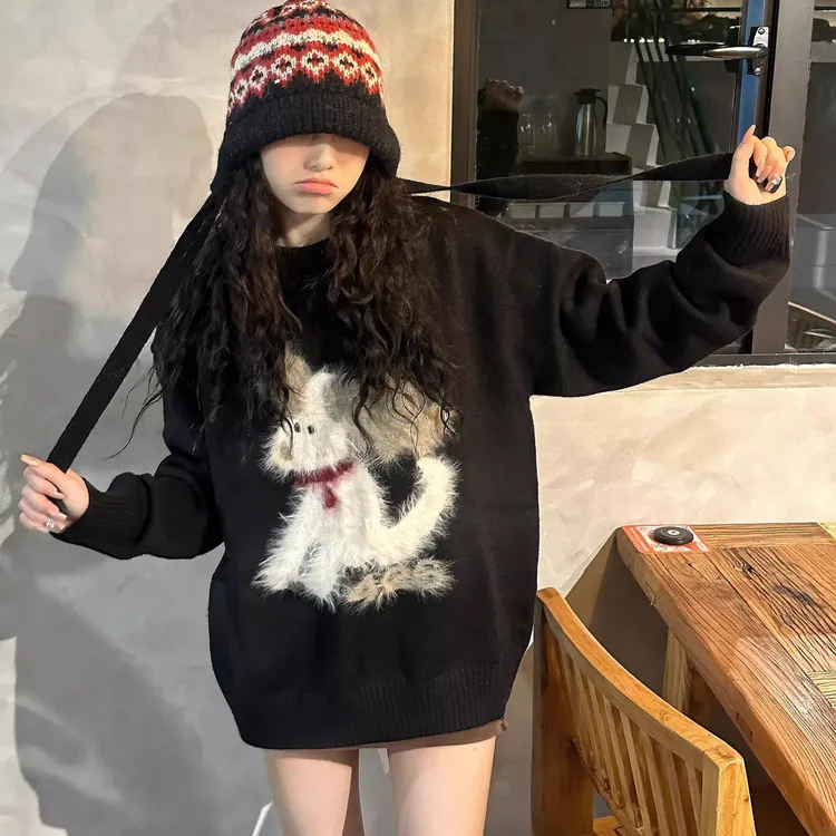 小狗提花套头显瘦针织衫女ins秋冬新款圆领显白打底百搭可爱毛衣