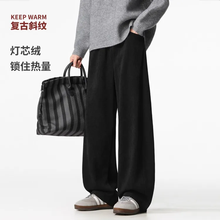 男士秋冬款裤子弯刀阔腿裤2025新款加绒休闲裤直筒宽松保暖运动裤