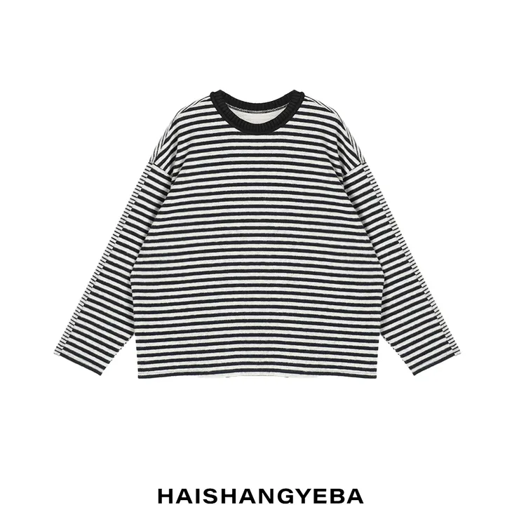 【海上叶爸】新款2025秋冬百搭棉圆领套头条纹休闲厚款毛衣