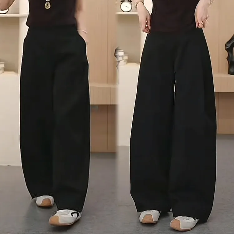 贝斯裤女潮流压褶阔腿裤2025春秋季新款显瘦宽松阔腿裤黑色女裤子