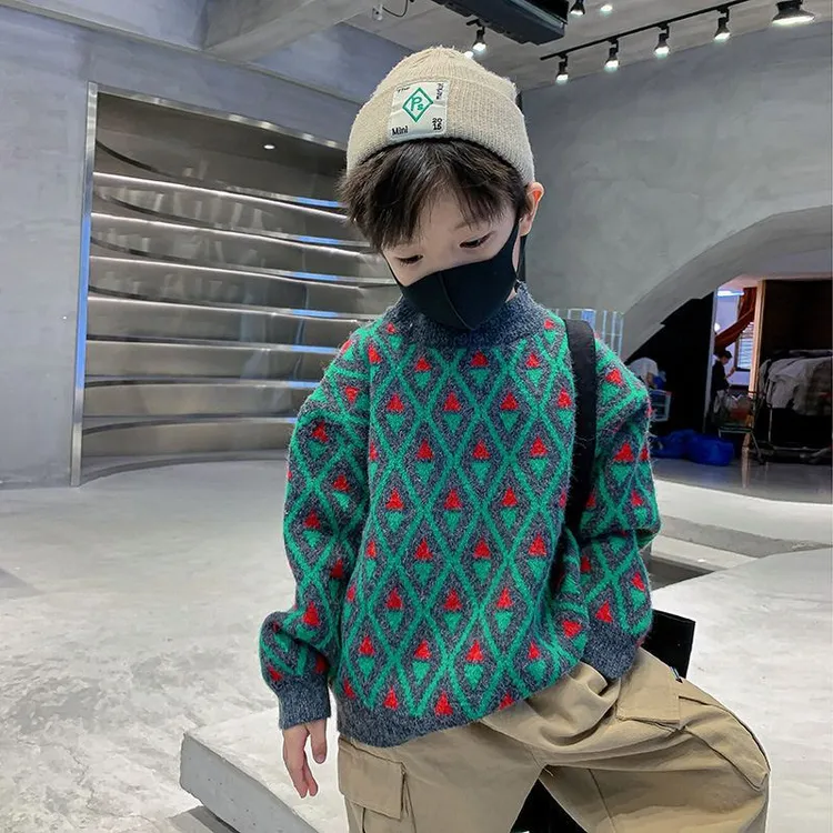 毛衣2025新款男童儿童韩系针织衫绿色秋冬季大童潮加绒加厚毛线