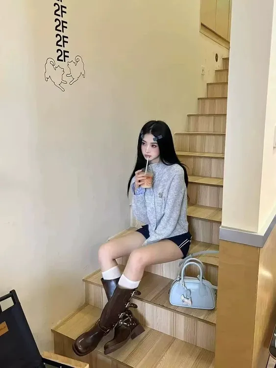 韩系复古灰色翻领长袖针织开衫女春季新款慵懒风宽松显瘦毛衣外套