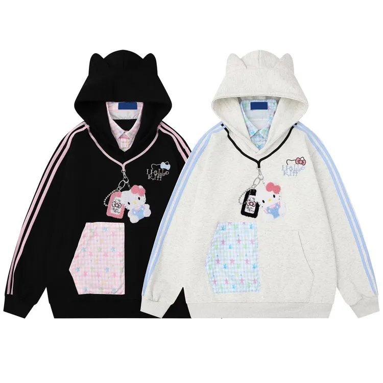 美式甜酷风kitty假两件连帽卫衣女早秋新款宽松慵懒风设计感外套