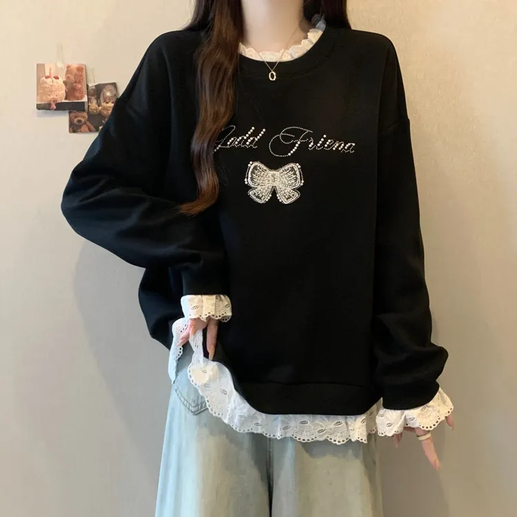 大码假两件蝴蝶结蕾丝拼接卫衣女春秋微胖MM宽松显瘦洋气钉珠上衣