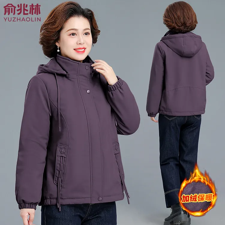 俞兆林时尚小个子妈妈装连帽外套秋冬韩版宽松中老年加厚加绒风衣