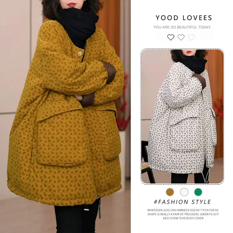 韩版时尚印花减龄单排扣棉服2025秋冬新款设计感大口袋拼接棉衣潮