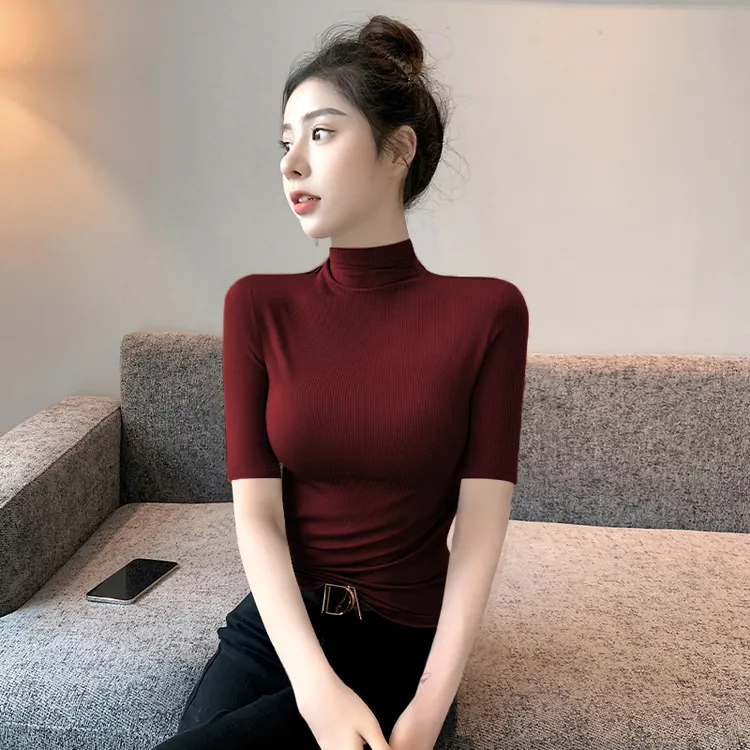 安可拉红半高领五分袖打底衫女秋季内搭洋气修身紧身中领针织上衣