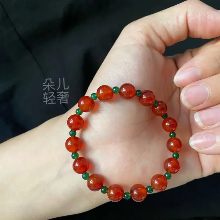 红玛瑙玉髓情侣款手串男女生不掉色大码红色手链弹力绳支持定制