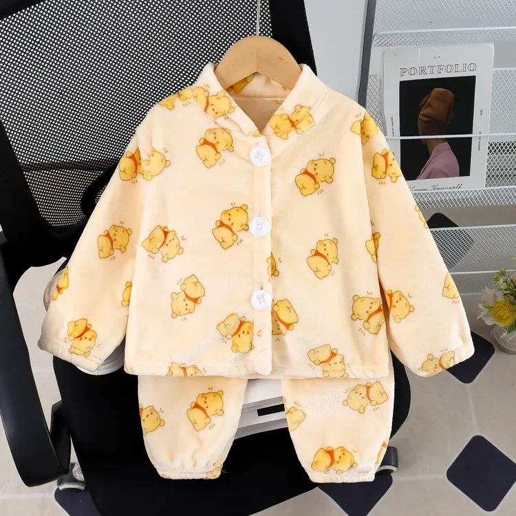 宝宝珊瑚绒睡衣秋冬季儿童法兰绒家居服男童女童加绒加厚开衫套装