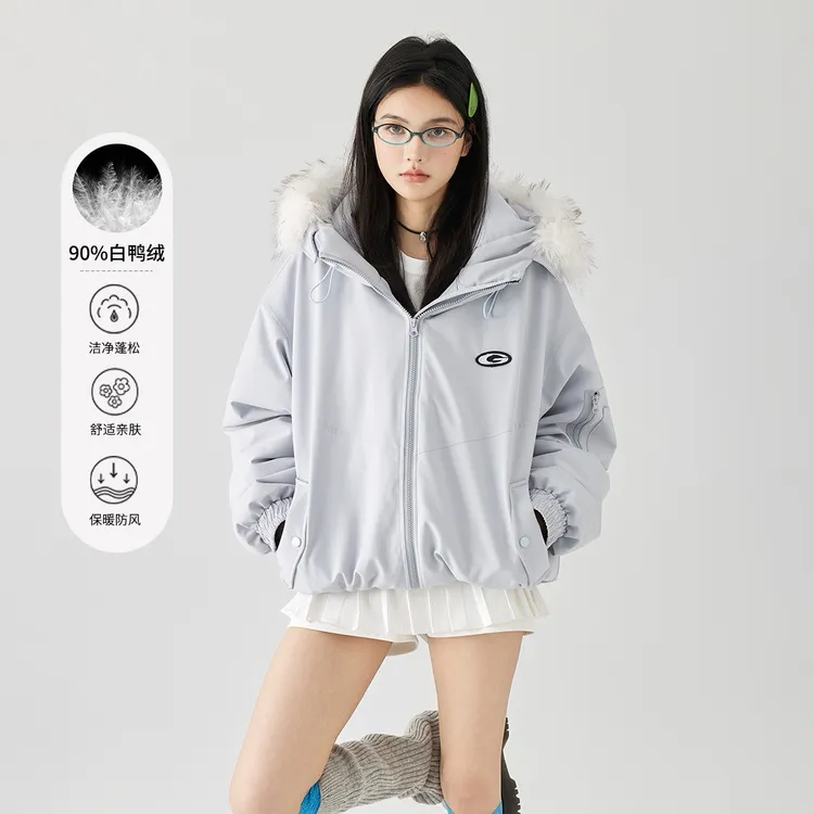 GOLFCROSS情侣款90白鸭绒宽松连帽加厚大毛领保暖面包羽绒服外套