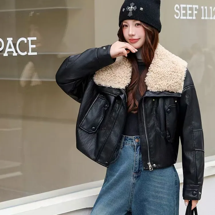 大翻领加绒皮衣短外套女2025秋冬新款保暖时尚酷飒机车PU皮夹克潮