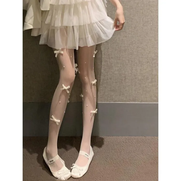 日系纯欲白色丝袜女防勾丝芭蕾风立体蝴蝶结珍珠甜美连裤袜lolita