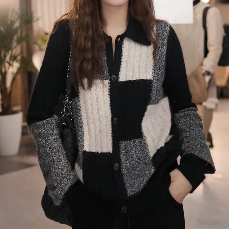 韩系格纹翻领单排扣毛衣女2025冬季新款时尚宽松显瘦休闲减龄上衣